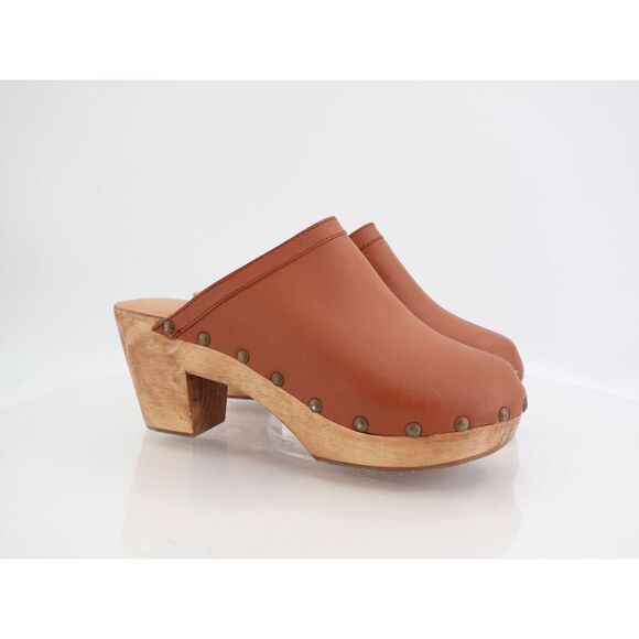 Beek Woodpecker Leather Clog Womens 11 Brown Wooden Wedge Block Heel Studded - Picture 1 of 10